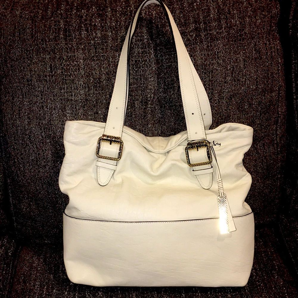 Vince Camuto Cream Leather Tote with Gold Buckle Accents
